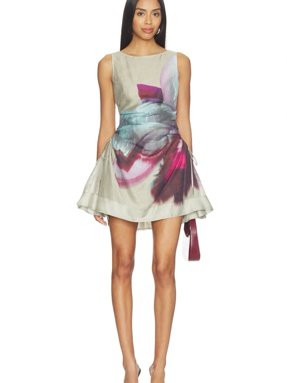 AMUR Sleeveless Mini Dress in Cream with Pink and Teal Abstract Print - Picture 1 of 3